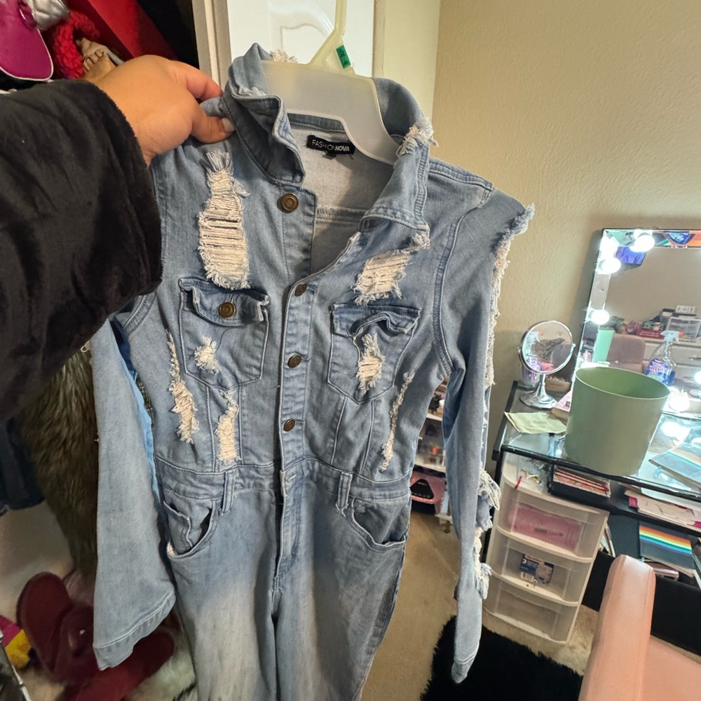Fashion Nova Sky Blue Ripped Jean Jumpsuit